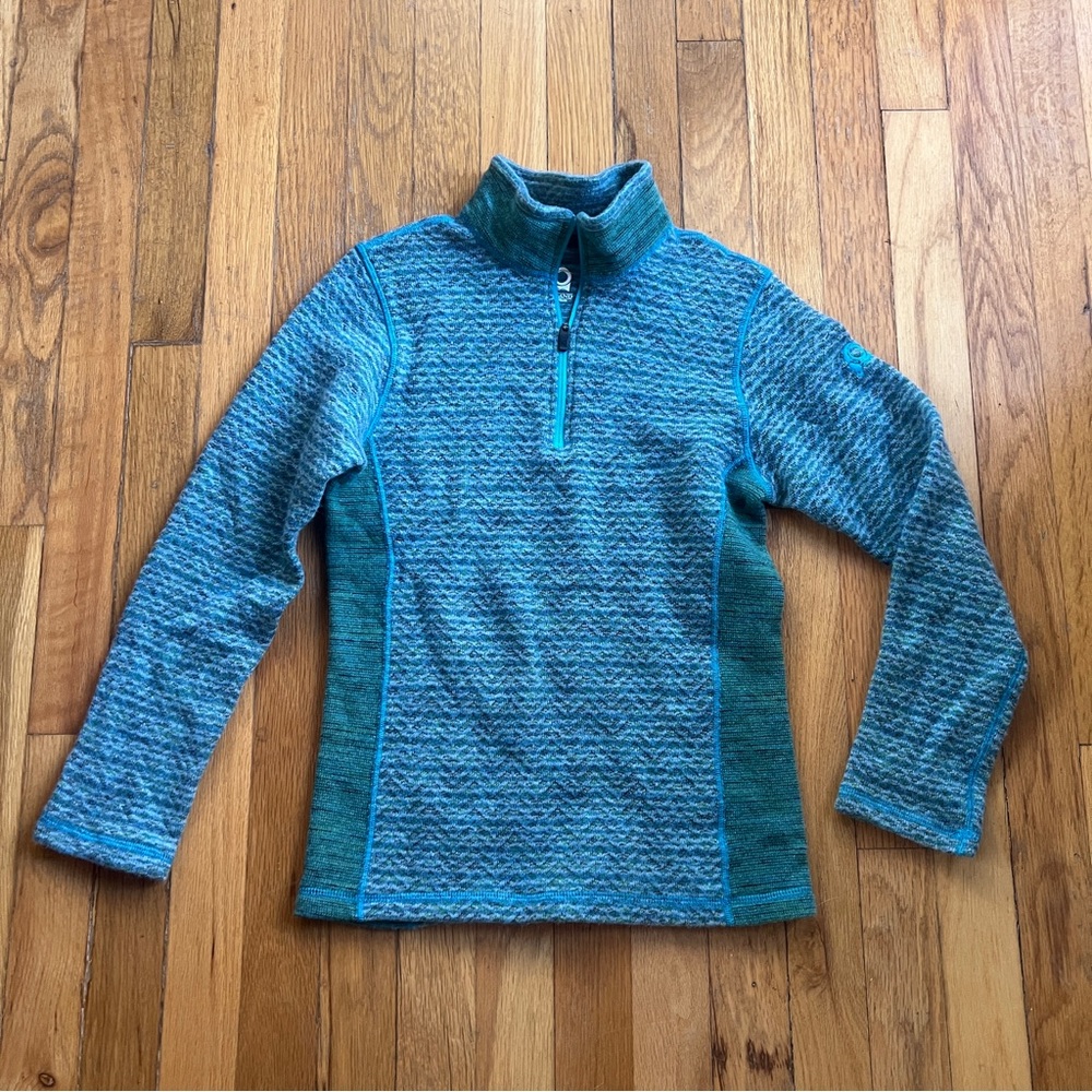 Overland blue and green wool quarter zip sweater